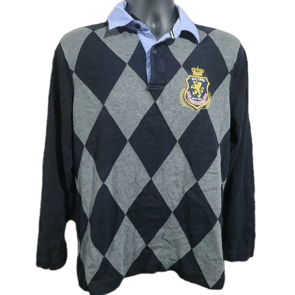 Tommy Hilfiger 2-in-1 Argyle Sweater Size S Logo Patch Preppy Long Slv Trim Fit